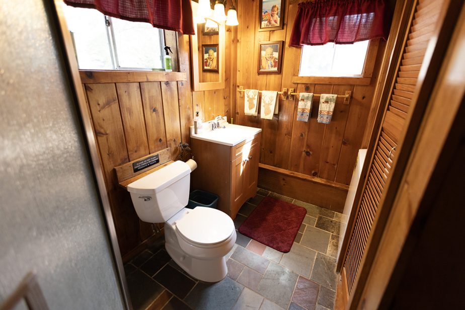 A small bathroom with wooden walls and slate tile flooring. It features a toilet, a sink with a vanity, and a mirror above the sink. Red curtains adorn the windows, and framed pictures hang on the wall. A red bath mat is placed on the floor in front of the sink.