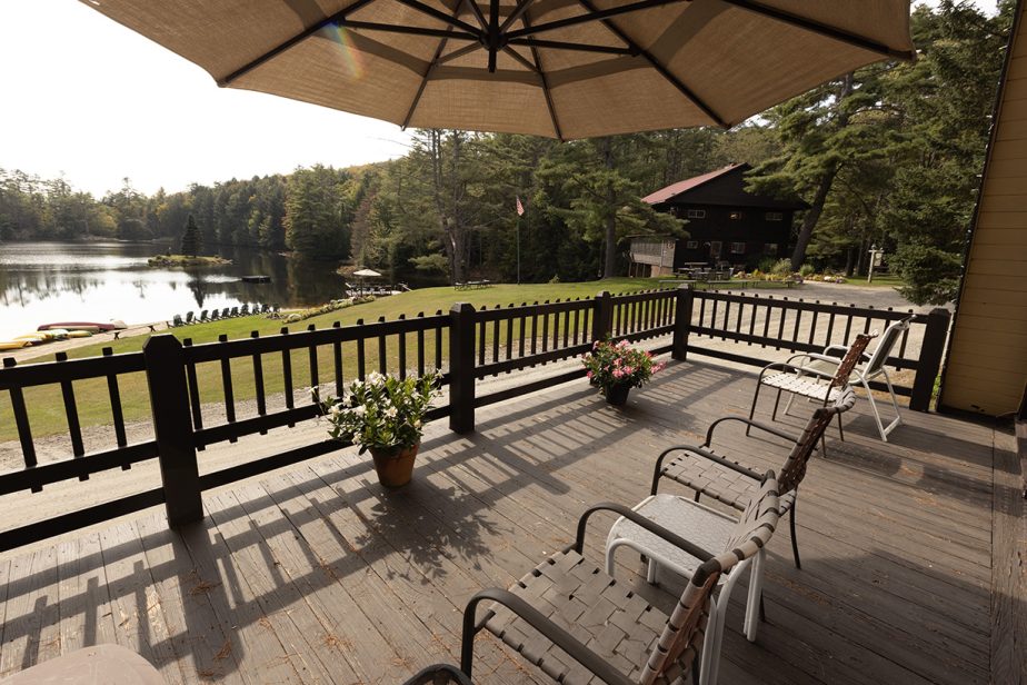 A wooden deck with a few chairs and potted plants sits under a large patio umbrella. Beyond the deck is a lush green yard, a body of water with a dock, and a few boats. In the background, a dark-colored cabin is surrounded by tall trees.