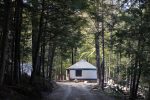 A small yurt with a white roof sits surrounded by tall trees in a forest. A dirt pathway leads up to the structure, creating a serene and secluded atmosphere. Soft sunlight filters through the trees, casting dappled shadows on the ground.