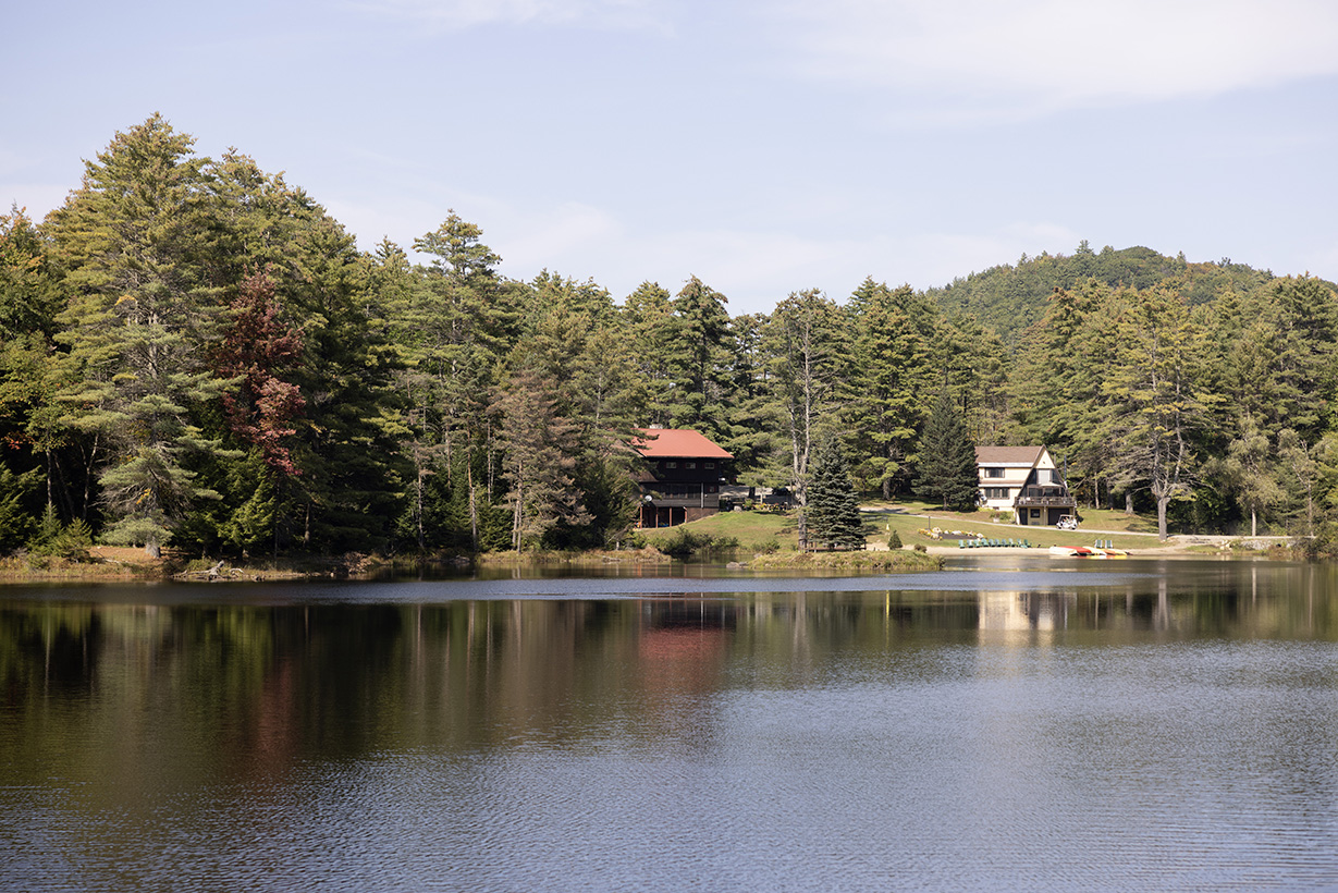 A serene lake reflects the surrounding dense pine forest and two houses. The houses, one with a red roof and another with an A-frame design, are nestled among the trees. The clear sky and distant green hills add to the peaceful, natural setting.