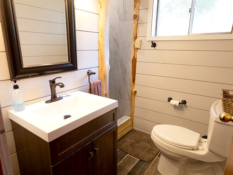 A modern bathroom with a rustic touch features a dark wood vanity with a white countertop and bronze fixtures under a framed mirror. A toilet is opposite the vanity, with a rustic door leading to a shower. Shiplap walls and wood-like flooring complete the look.